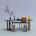 Modern Round Tea Table and Chairs with Tea Set Plant Yellow Lamp and Gray Stools