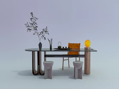 Modern Round Tea Table and Chairs with Tea Set Plant Yellow Lamp and Gray Stools 3d model