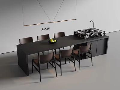 Modern Black Dining Table with Chairs and Pendant Light in Contemporary Dining Area 3d model