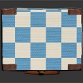 Decorative Vintage Box With Blue White Checkered Pattern Brown Edges Red Handle and Golden Lock