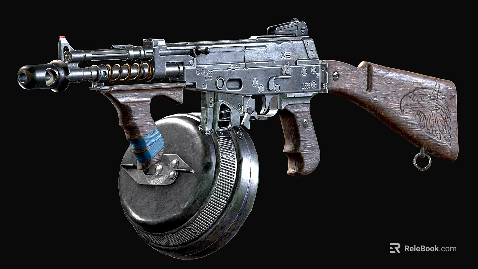 Vintage Submachine Gun with Wooden Stock and Drum Magazine Classic Design Metal Parts 3d model 