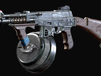 Vintage Submachine Gun with Wooden Stock and Drum Magazine Classic Design Metal Parts 3d model