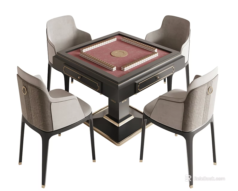 Luxury Modern Entertainment Table With Red Square Top And Four Gray Upholstered Chairs 3d model 