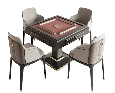Luxury Modern Entertainment Table With Red Square Top And Four Gray Upholstered Chairs 3d model