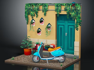 Lush Green Vines Decorate Yellow Wall With Blue Door And Potted Plant By Scooter 3d model