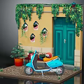 Lush Green Vines Decorate Yellow Wall With Blue Door And Potted Plant By Scooter
