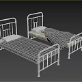 Two Single Beds With Metal Frames Plaid Bedspread And White Pillows 3d model
