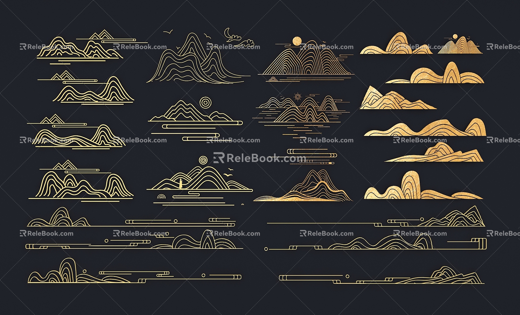 Landscape cloud pattern ancient rhyme linear landscape cloud national tide classical artistic conception hollow carving illustration element 3d model