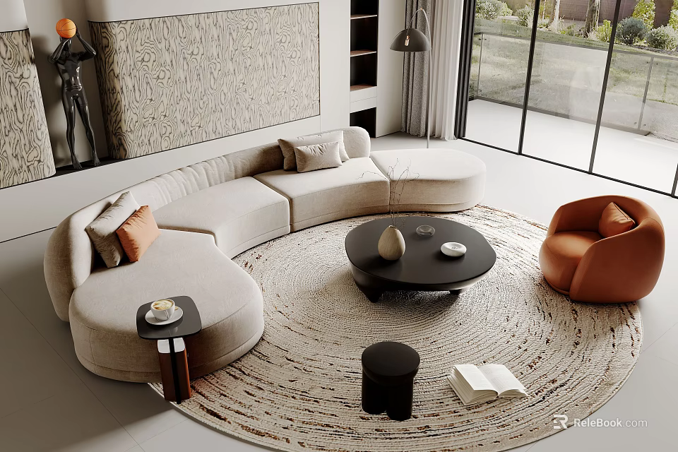 Modern Curved Light Colored Sofa With Accent Pillows And Black Round Coffee Table Set 3d model 