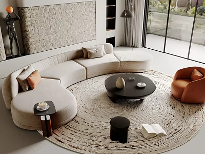 Modern Curved Light Colored Sofa With Accent Pillows And Black Round Coffee Table Set 3d model