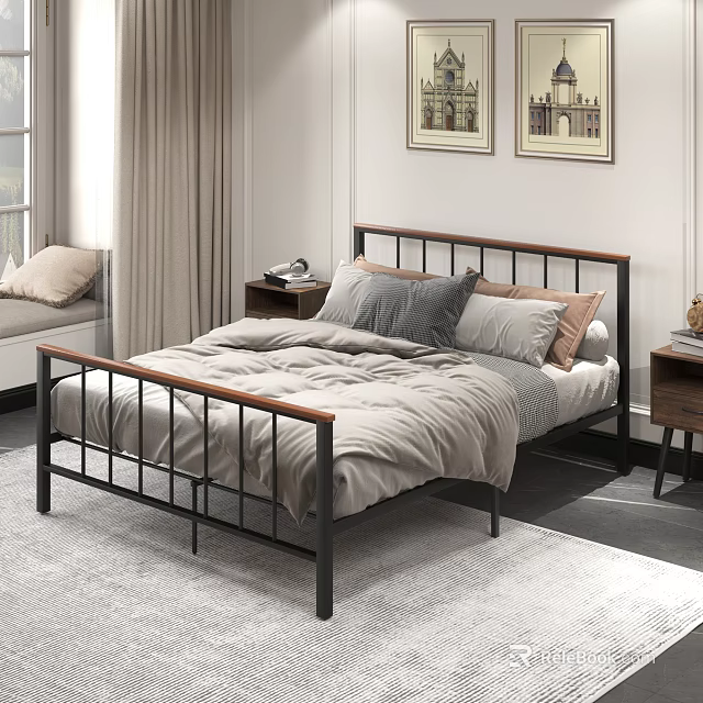 Modern Double Bed with Metal and Wooden Frame Cozy Bedding and Side Tables 3d model 