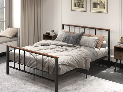 Modern Double Bed with Metal and Wooden Frame Cozy Bedding and Side Tables 3d model