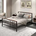 Modern Double Bed with Metal and Wooden Frame Cozy Bedding and Side Tables