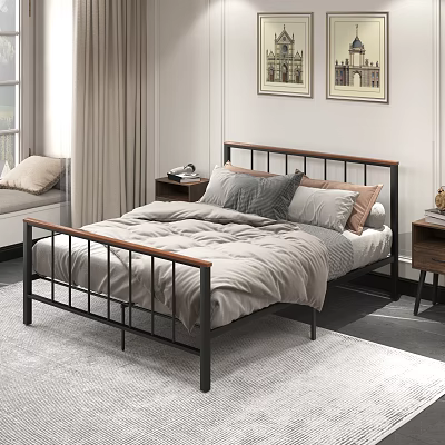 Modern Double Bed with Metal and Wooden Frame Cozy Bedding and Side Tables 3d model