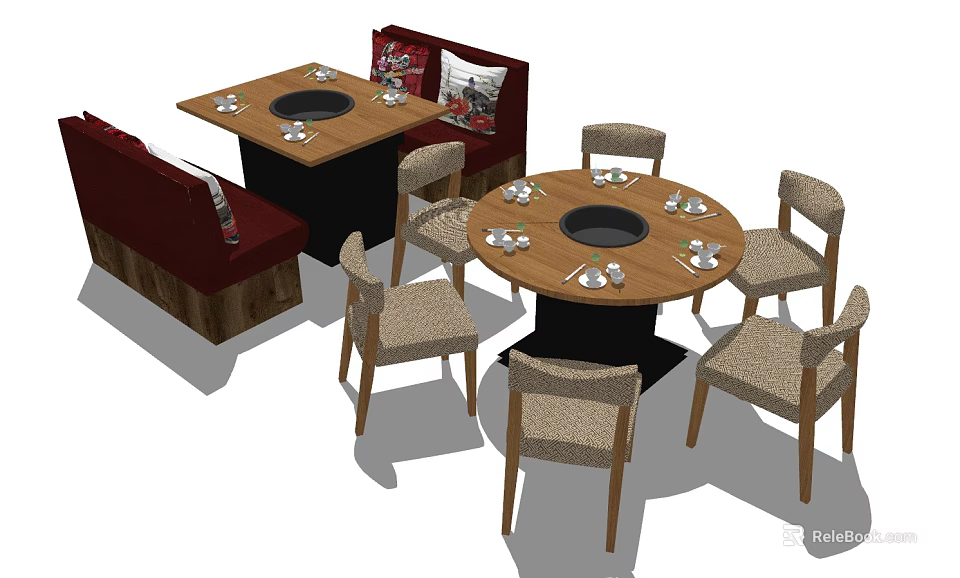 Modern Dining Table Set With Square Round Tables Hot Pot Tableware And Red Booth Seats 3d model 