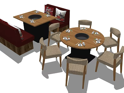 Modern Dining Table Set With Square Round Tables Hot Pot Tableware And Red Booth Seats 3d model