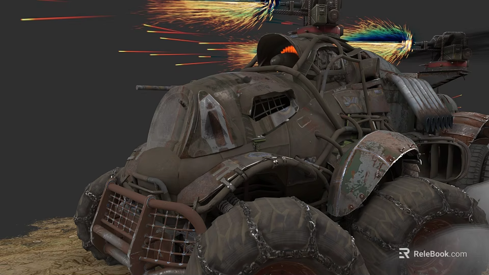Rusty Modified Post Apocalyptic Car With Large Tires And Weapon Attachments 3d model 