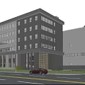 Modern Multi Story Office Building With Glass Windows And Street Scene Including Car And Pedestrians