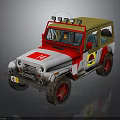 Classic White and Red Off-Road Jeep with Roof Lights Muddy Tires and Yellow Emblem