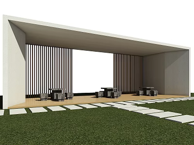 Modern Pergola With White Structure Vertical Slatted Screens Tables Chairs Stone Tile Pathway Grass Lawn 3d model