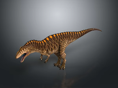 Realistic 3D Dinosaur Model With Open Mouth Brown Orange Striped Body 3d model