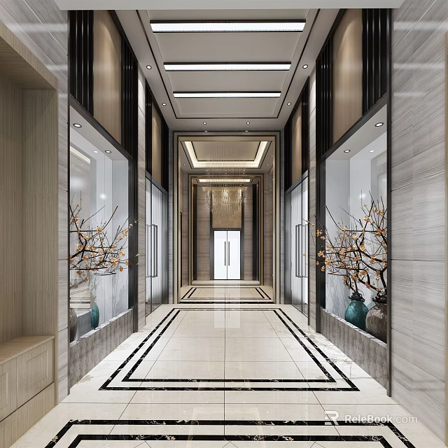 Modern Hotel Corridor Design With Marble Walls Tiled Floor Glass Doors And Decorative Vases 3d model 