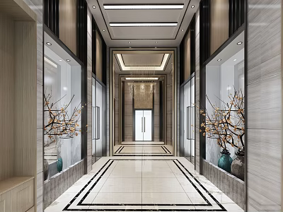Modern Hotel Corridor Design With Marble Walls Tiled Floor Glass Doors And Decorative Vases 3d model