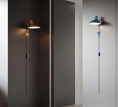 Modern Wall Lamps With Long Rod Design Copper And Blue Colors On Grey Wall 3d model