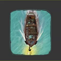 Wooden boat with tire lantern and fishing gear on blue water with yellow sunlight waves