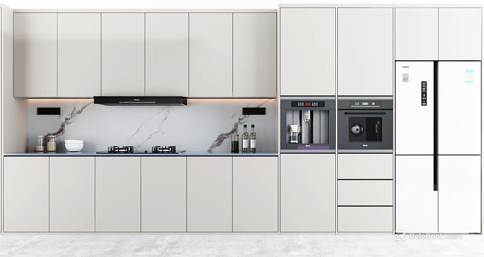 Modern Kitchen Interior With White Cabinets Marble Countertop And Appliances 3d model 