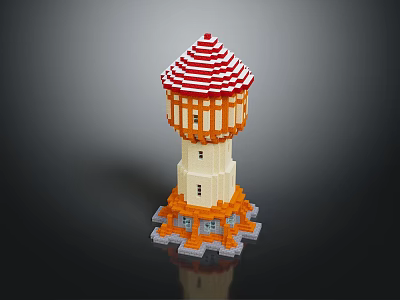 Lego Water Tower With Red White Striped Roof Orange White Body Gray Base And Windows 3d model