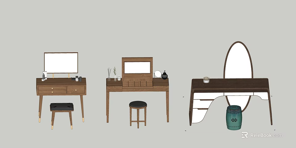 Minimalist Dressing Table Designs With Rectangular Oval Mirrors Drawers Stools And Decorative Items 3d model