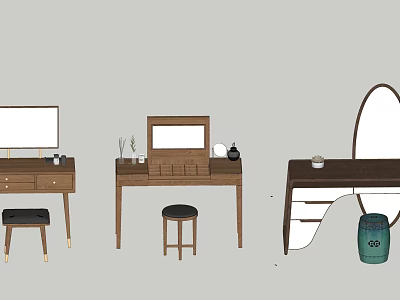 Minimalist Dressing Table Designs With Rectangular Oval Mirrors Drawers Stools And Decorative Items 3d model