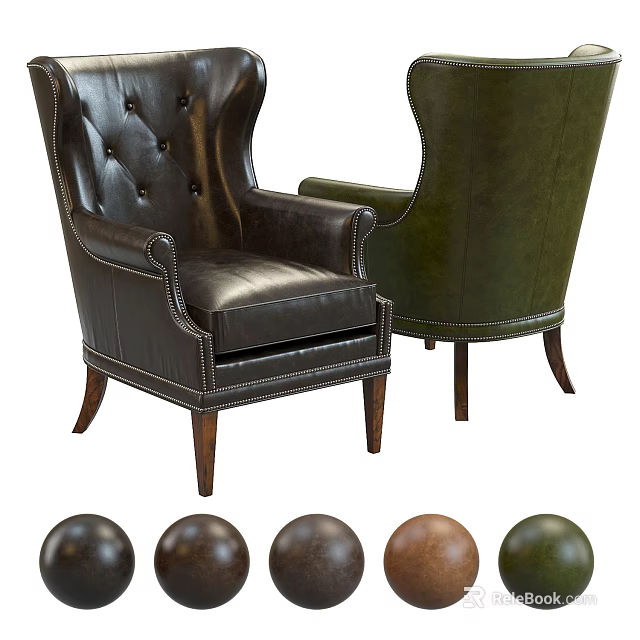 Classic Leather Accent Chair In Black Green With Button Tufted Design And Wooden Legs 3d model 