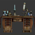 Vintage Wooden Desk With Drawers Decorative Bottles Table Lamp And Red Cloth