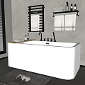 Modern Bathroom Interior With White Freestanding Bathtub Wooden Tray Black Towel Rack And White Towels