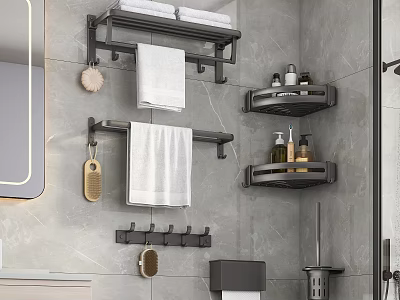 Modern Bathroom Accessories With Towel Racks Shelves Hooks And Toiletries On Gray Marble Walls 3d model