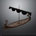 Ancient Wooden Watercraft with Black Sails Carved Figurehead and Multiple Oars