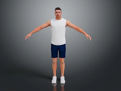 Man In White Tank Top And Blue Shorts Standing With Arms Outstretched On Gray Background 3d model