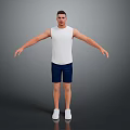 Man In White Tank Top And Blue Shorts Standing With Arms Outstretched On Gray Background