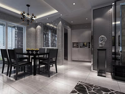 Modern Open Layout Dining Living Room Interior With Gray Walls Chandelier And Dining Table 3d model