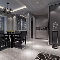 Modern Open Layout Dining Living Room Interior With Gray Walls Chandelier And Dining Table