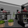 Modern Retail Display Space With Black Shelves Green Cushions Woven Stools And Potted Plant