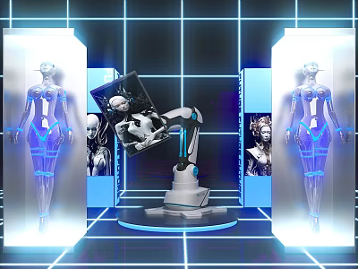Futuristic Photo Spot With Robotic Arm Humanoid Figures Blue Lighting And Display Screens 3d model