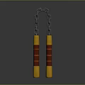 Traditional Nunchucks Weapon With Yellow Red Handles And Metal Chain