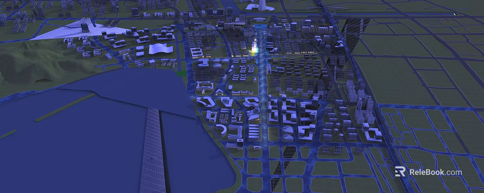 Birds Eye View Urban Planning With City Layout Buildings Road Network And Waterfront 3d model 