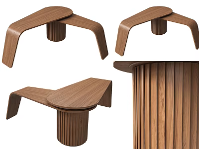 Modern Walnut Office Desk With Unique Textured Cylindrical Legs Multiple Angles View 3d model