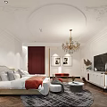 Elegant Hotel Guest Room Interior With Crystal Chandelier Double Bed Red Pouf And Decorative Ceiling