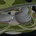Aerial View Planning of Modern Architectural Structure With Unique Curved Roof and Surrounding Greenery Roads