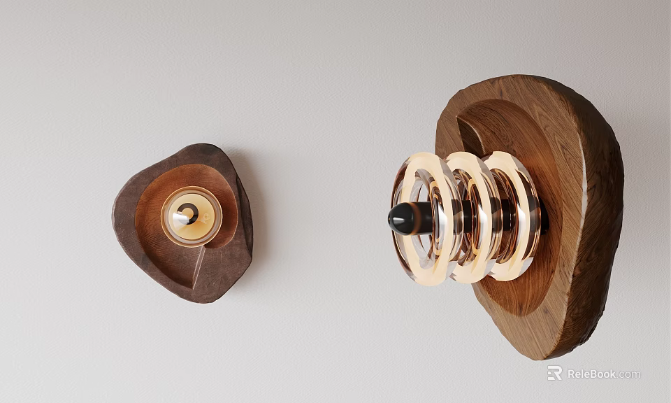 Wooden Wall Lamps with Triangular Base Golden Circular Light and Large Base Golden Ring Decorations 3d model 